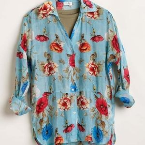Umgee Aqua & Red Floral Roll-Tab Peplum Button-Up Size Small